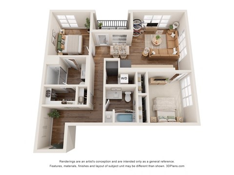 a view of the 1 bedroom floor plan with the kitchen and living room
